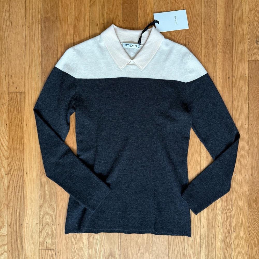 Ply-Knits Cashmere Wool Blend Grey and Cream Long Sleeve Sweater